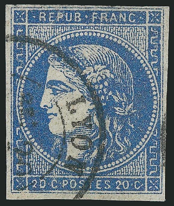 FRANCE, 1870-71, 20c Ultramarine, Ty. II, Report 3 (44b Yvert 44Cb).> Ample to large margins, true Ultramarine color, neat Lyon double-circle datestamp, Very Fine, Yvert e4,500
