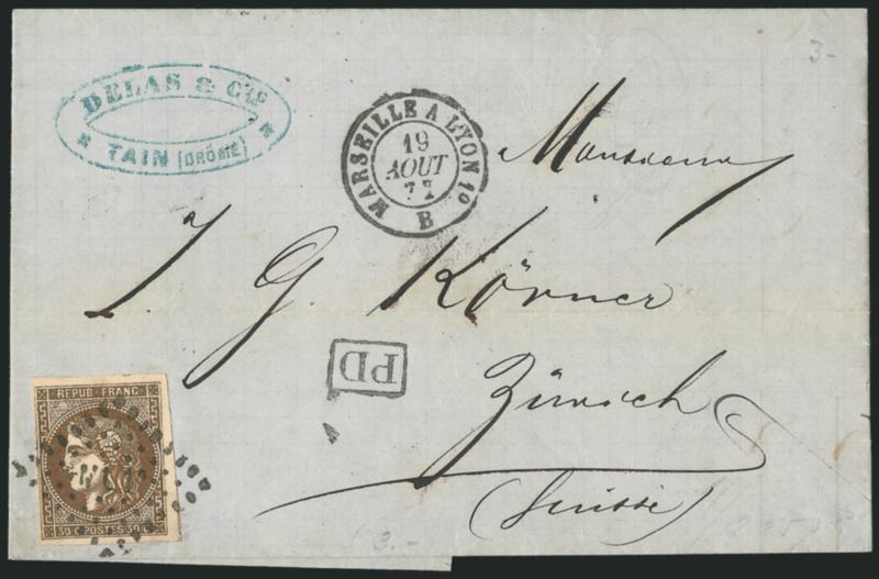 FRANCE, 1870, 30c Dark Brown (46 var Yvert 47d).> Large margins to full, tied by well-struck <ML1e> lozenge, Marseilles A Lyon 19 Aout 72 double-circle datestamp on folded letter <to Zurich, Switzerland,>
boxed PD handstamp, transit and receiv