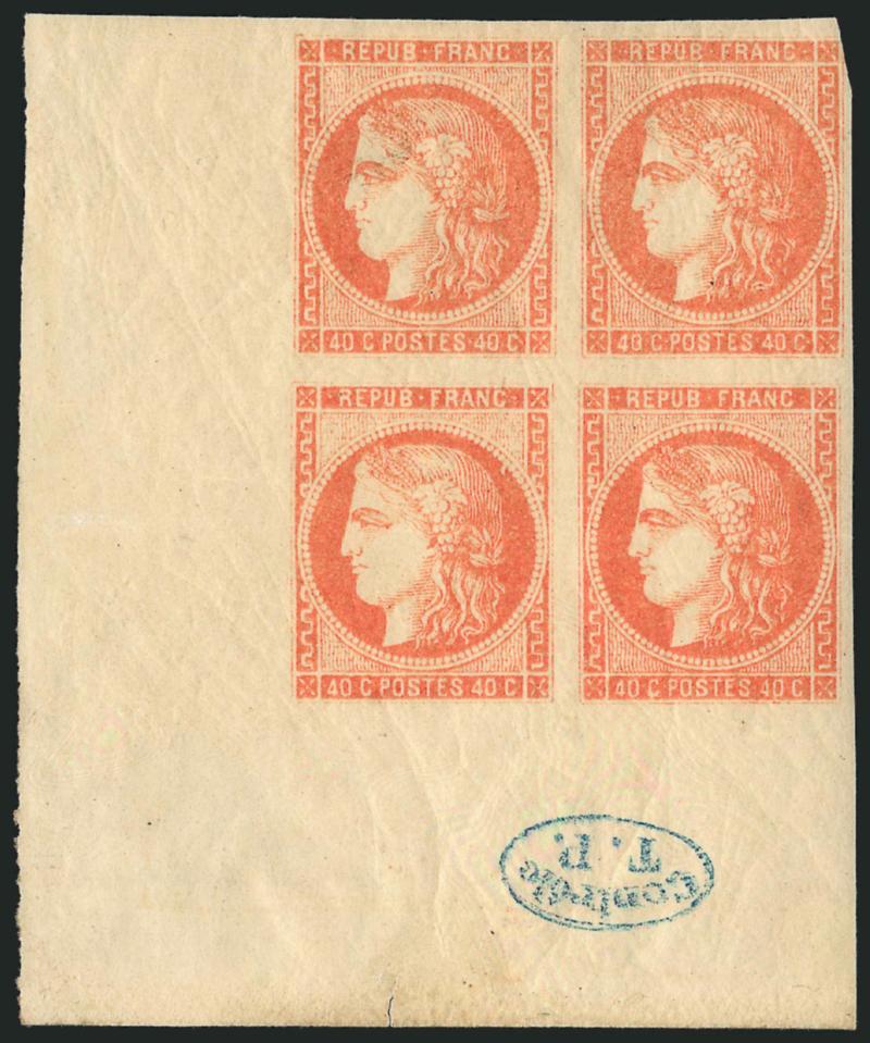 FRANCE, 1870, 40c Orange (47 Yvert 48).> Block of four, huge margins to barely clipped at upper right and with wide <bottom left corner sheet margin,> original gum, h.r., usual natural gum creases, blue
Controle T.P. oval handstamp, bottom stamps
