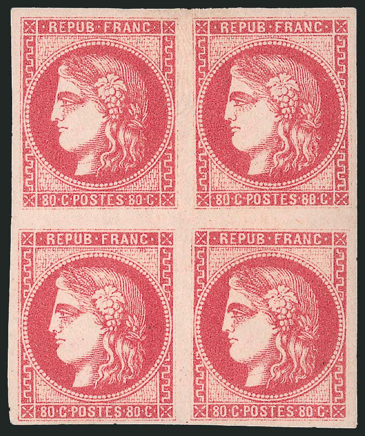 FRANCE, 1870, 80c Rose on Pinkish (48 Yvert 49).> Block of four, Positions 2-312-13 with <Position 3 retouched,> original gum, h.r. at top, large to huge margins all around, brilliant color, small thin spot at
top<><>^VERY FINE APPEARANCE. AN ATT