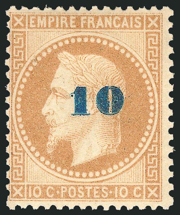 FRANCE, 1871, 10c on 10c Bister (49 Yvert 34).> Original gum, incredibly fresh and bright, sharp impression, typical Fine centering, a lovely example of this scarce surcharge, signed Calves, A. Diena and two
others and with 1995 Calves photo certifi
