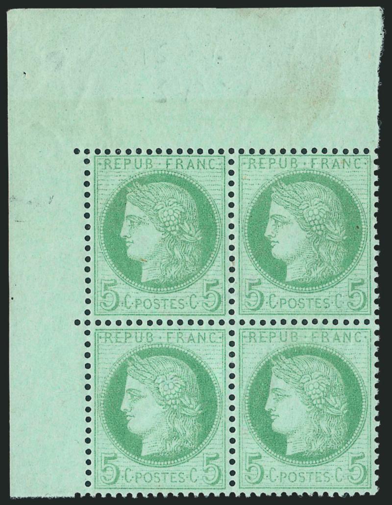 FRANCE, 1872, 5c Yellow Green (53 Yvert 53).> Block of four with <top left corner selvage,> original gum, lightly hinged, bright color, usual natural gum bends, Very Fine, Yvert e1,250, Scott Retail as
singles