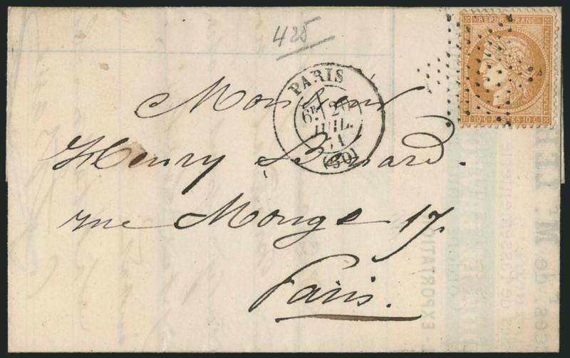 FRANCE, 1870, 10c Bister on Yellowish (54 Yvert 36).> Two covers, first bears single tied by Star lozenge and used within Paris, second bears horizontal pair tied by 1574 lozenge on folded letter, Very
Fine