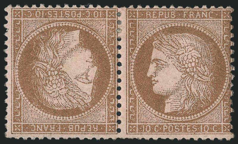 FRANCE, 1870, 10c Bister on Rose, Tete-Beche Pair (55a Yvert 58c).> Horizontal pair arranged face-to-face, part original gum, h.r., pretty color, small repair at right replaces three perfs, Very Fine appearing
and scarce tete-beche pair, with 2010 B