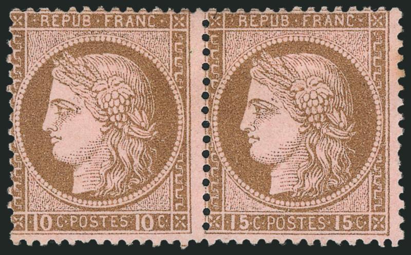 FRANCE, 1875, 10c Bister on Rose, In Pair with Cliche of 15c (60b Yvert 55c).> Unused (no gum), fresh color, couple improved perfs at right, otherwise Very Good, Yvert e12,000, both catalog values as with
original gum