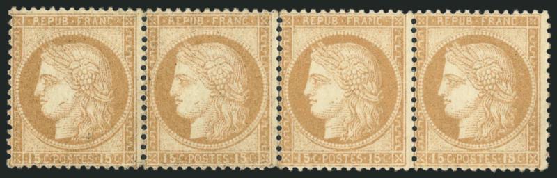FRANCE, 1873, 15c Bister (61 Yvert 55).> Horizontal strip of four, original gum, lightly hinged, few perfs expertly rejoined, otherwise Fine, Yvert e2,200 as singles, Scott Retail as singles