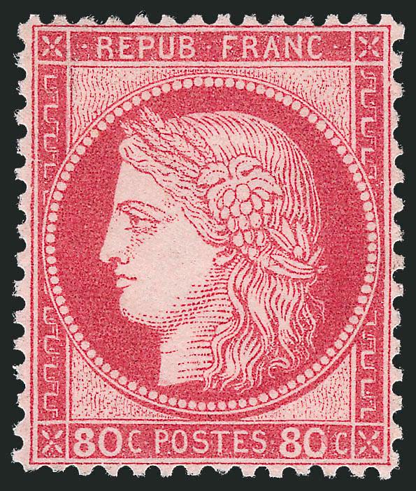 FRANCE, 1872-75, 80c Rose on Pinkish, Larger Numerals (63 Yvert 57).> Original gum, barely hinged, fabulous centering and magnificent color, bright and crisp, Extremely Fine, Yvert e1,000