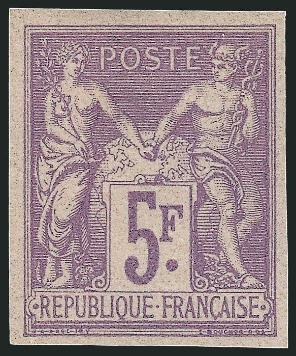 FRANCE, 1876-90, 1c-5fr Peace and Commerce, Granet Reprints (64 var101 var Yvert 61c95c).> Complete set of 27 according to the Scott catalogue, short one stamp according to the Yvert catalogue (No. 77Ab), all
are Ty.II, eight without gum, other