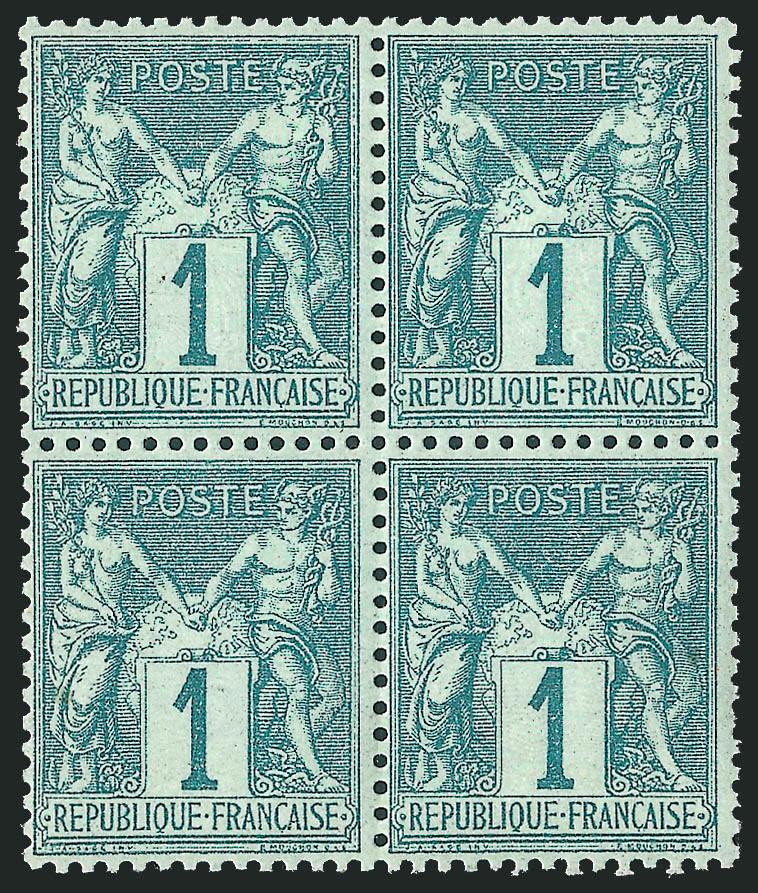 FRANCE, 1876, 2c, 4c Green on Greenish, Ty. I (64, 66 Yvert 61, 63).> Blocks of four, original gum, <most stamps Mint N.H.,> fresh and Fine, scarce multiples, Yvert e1,680, both catalogue values as four times
the hinged single price
