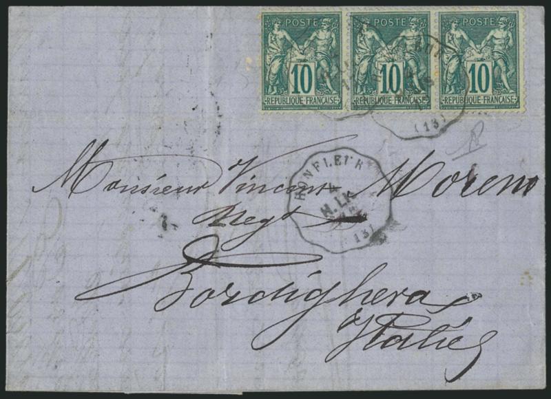 FRANCE, 1876, 10c Green on Greenish, Ty. II (79 Yvert 76).> Horizontal strip of three, tied by scallop edged Honfleur circular datestamp on 1877 folded letter to Italy, several backstamps, Fine and scarce,
Yvert e880, both catalog values are for c