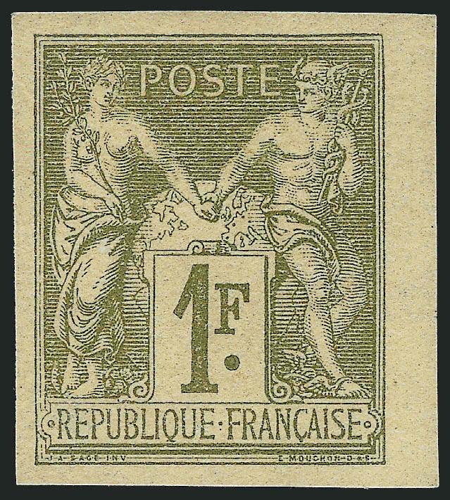 FRANCE, 1877, 1fr Bronze Green on Straw, Ty. II (84 Yvert 82a).> Original gum, large to huge margins, wonderfully fresh, Extremely Fine, Yvert e1,400