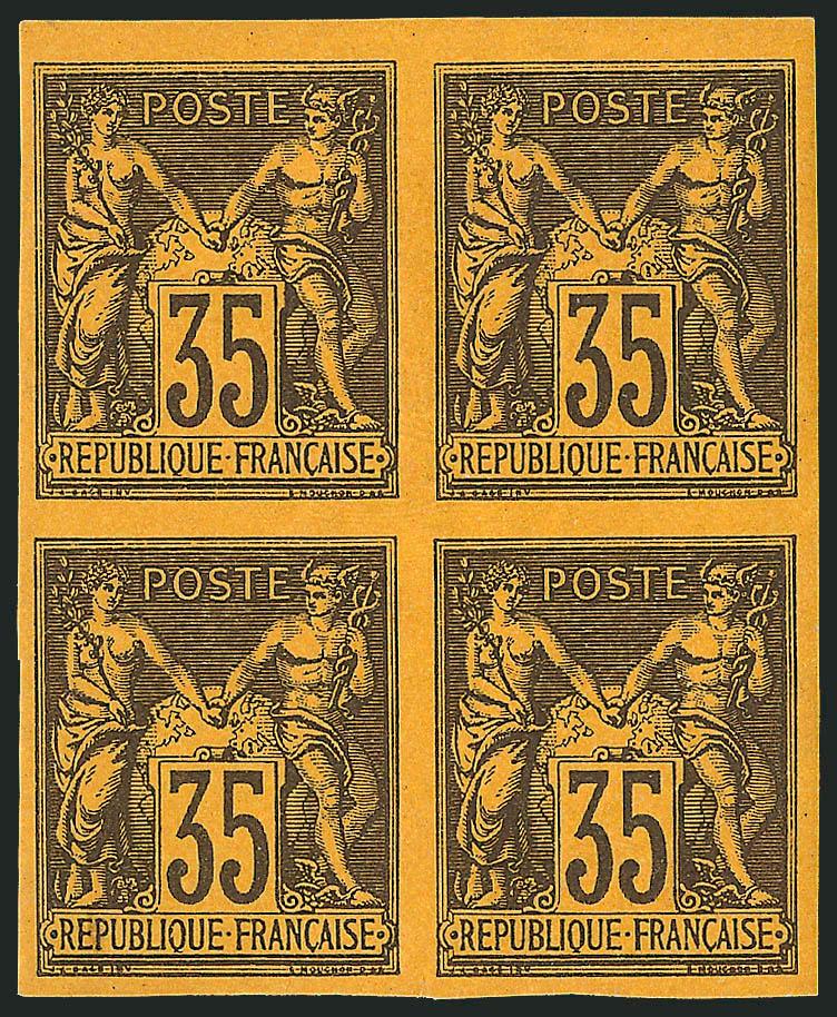 FRANCE, 1878, 35c Black on Yellow, Ty. II, Imperforate (94b Yvert 93b).> Block of four, some gum disturbance of little consequence, large to huge margins, fresh and Extremely Fine, signed Bloch, Yvert
e1,280
