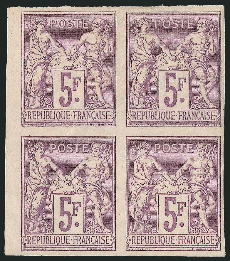 FRANCE, 1877, 5fr Violet on Lavender, Ty. II, Imperforate (96a Yvert 95 var.).> Block of four, original gum, ample to huge margins, attractive color, some natural gum wrinkling, otherwise Very Fine, signed
Bloch and Brun, Yvert does not list non de
