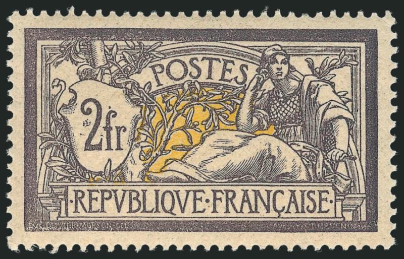 FRANCE, 1900, 2fr Gray Violet & Yellow (126 Yvert 122).> Mint N.H., Very Fine and choice, difficult stamp to find Mint N.H., especially nicely centered, Yvert e2,350 as Mint N.H., Scott Retail as
hinged