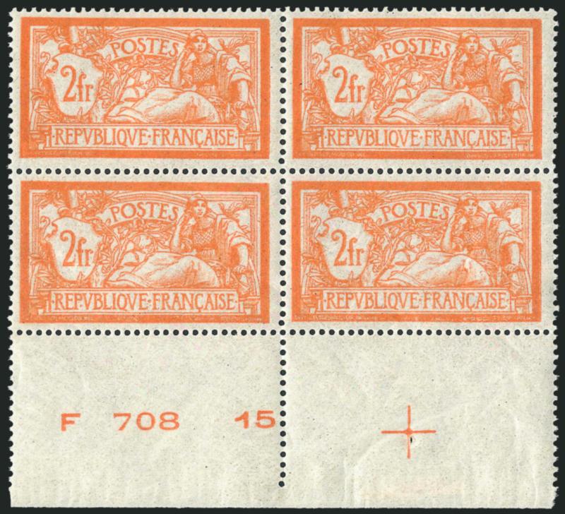 FRANCE, 1920, 2fr Orange with Pale Blue Omitted (127 var Yvert 145d).> Block of four with bottom selvage showing F 708 15 imprint and red registration cross, top pair lightly hinged, bottom pair Mint N.H.,
wonderfully fresh and well-centered, Very