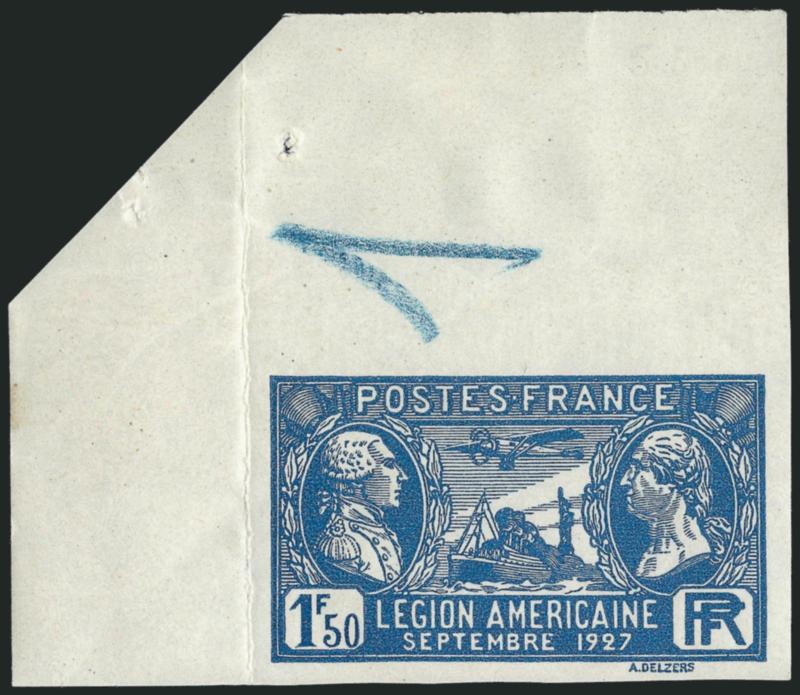 FRANCE, 1927, 1.50fr American Legion Visit, Imperforate (244 var Yvert 245a).> Mint N.H. single with top left sheet corner margin, blue pencil check mark and margin crease, both well-clear of design, Extremely
Fine, Yvert value as hinged