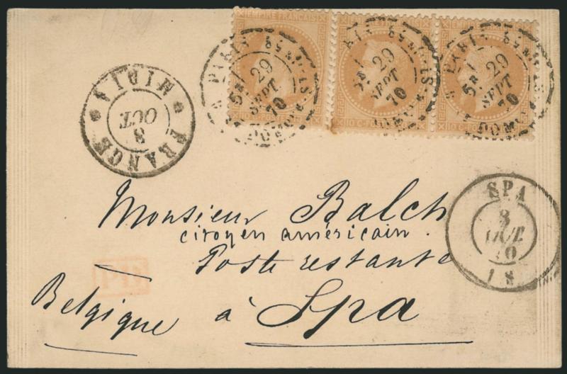 Par Ballon Monte.> Cover bearing pair and single of France 10c Napoleon tied by Paris 29 Sept. 70 circular datestamps on card <to Spa, Belgium,> arrival datestamp at right, few lightly toned perfs, left stamp
small perf flaw, still Very Fine usage