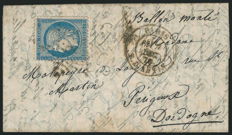 Par Ballon Monte.> France 20c Blue tied by lozenge, Paris 7 Dec. 70 double-circle datestamp on cover to Dordogne in France, fresh and Very Fine, carried aboard the <<General Renault>>