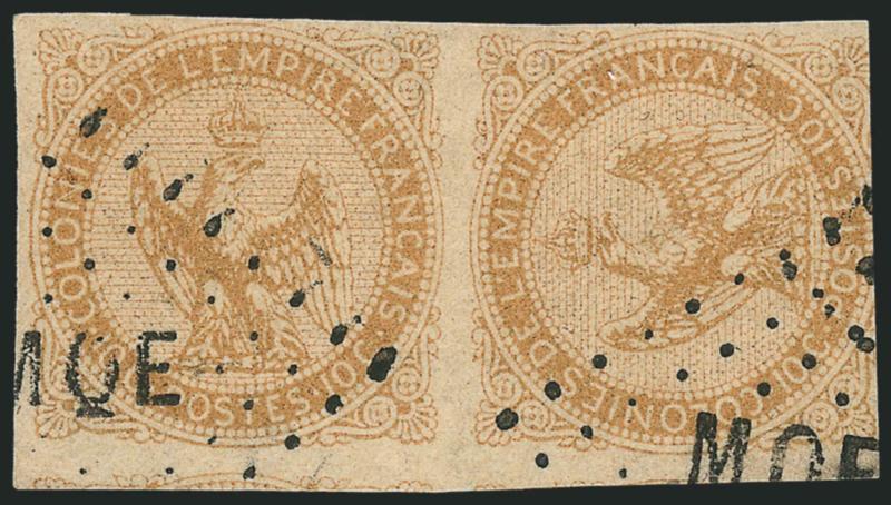 FRENCH COLONIES, 1859, 10c Bister on Yellowish, Horizontal Pair, One Stamp Sideways (3a Yvert 3a).> Good color, clear MQE (Martinique) in diamond of dots cancel, Fine and scarce printing anomaly, Yvert
e600