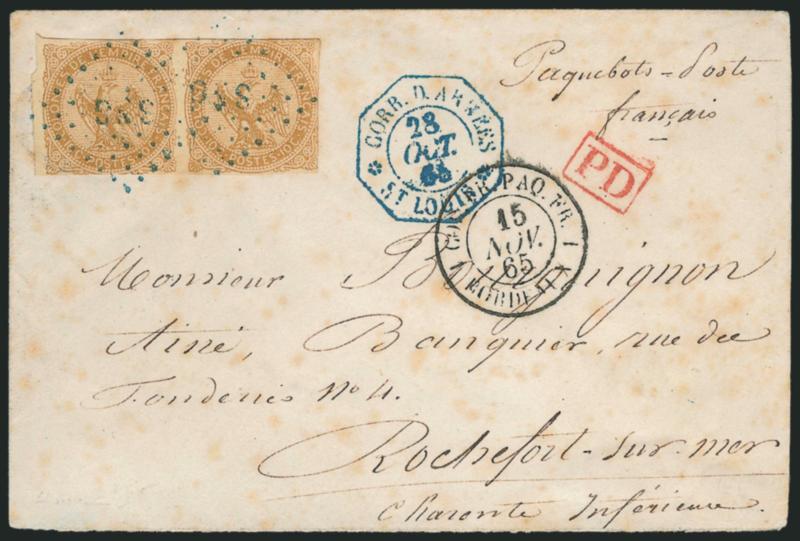 FRENCH COLONIES, 1859, 10c Bister on Yellowish (3).> Horizontal pair, margins all around, on small cover tied by blue SNG (Senegal) in Diamond of Dots, matching 1865 Corr. D. Armees St. Louis octagonal
datestamp paying the military rate to France