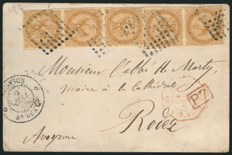 FRENCH COLONIES, 1859, 10c Bister on Yellowish (3).> Vertical pair and strip of three, margins virtually all around, paying the regular rate on cover to France tied by black 64 dots lozenge, St. Denis Reunion
double-circle datestamp, red octagonal V