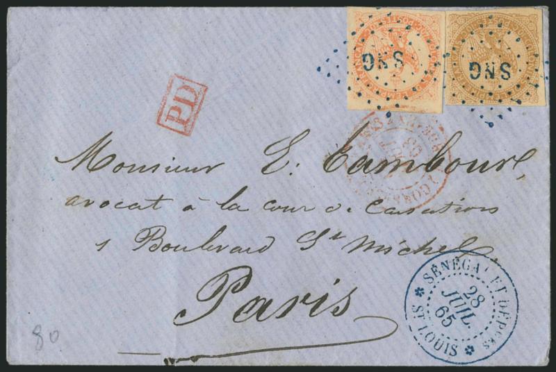 FRENCH COLONIES, 1859, 10c Bister on Yellowish, 40c Orange on Yellowish (3, 5).> Single of each, beautifully tied by dark blue SNG (Senegal) in diamond of dots, matching Senegal Et Depces St. Louis 28 Juil 65
double-circle datestamp, regular rate