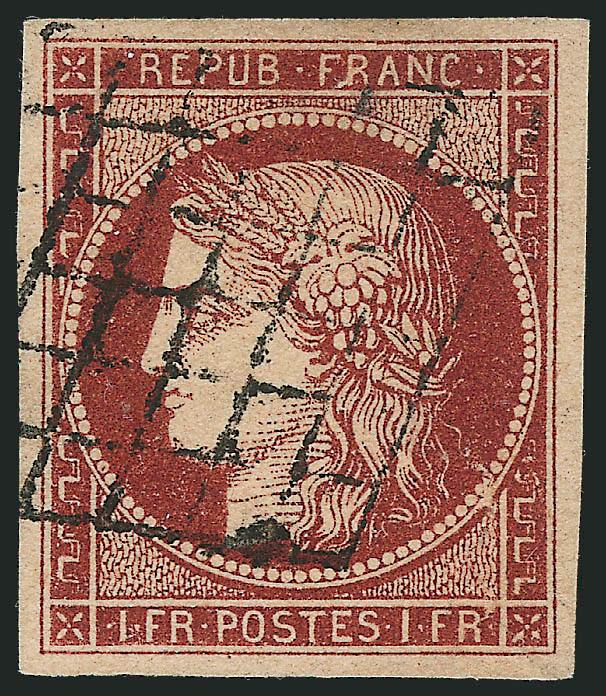 FRANCE, 1849-50, 10c-1fr Ceres (1-3, 3b, 6, 6a, 7, 9, 9c).> Lozenge and numeral in diamond of dots cancels, all but No. 3b ample to huge margins, some small faults, Fine-Extremely Fine appearance, No. 3b 1970
A.P.S. certificate, No. 9 with 1983 Von D