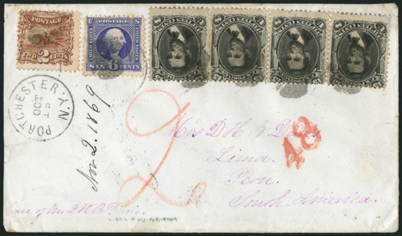 6c Ultramarine (115).> Deep rich color, used with <2c Brown (113) and horizontal strip of three and single of 15c Black, F Grill (98),> tied by small circular cork cancels, Portchester N.Y. Oct. 15 circular
datestamp on 1869 cover <to Lima, Peru,>