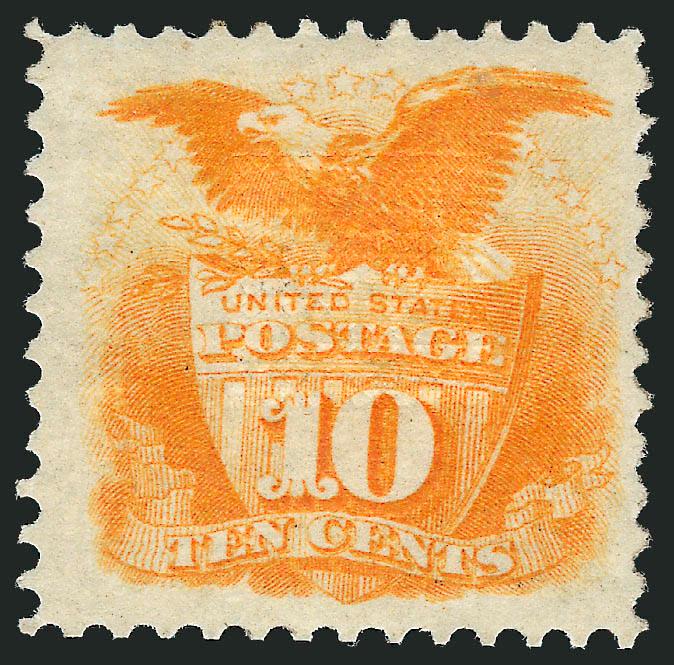 10c Yellow (116).> Original gum, vibrant color as fresh as the day it was printed, wide margins<><>^VERY FINE ORIGINAL-GUM EXAMPLE OF THE 10-CENT 1869 PICTORIAL ISSUE.^<><>With 1984 P.F. certificate
