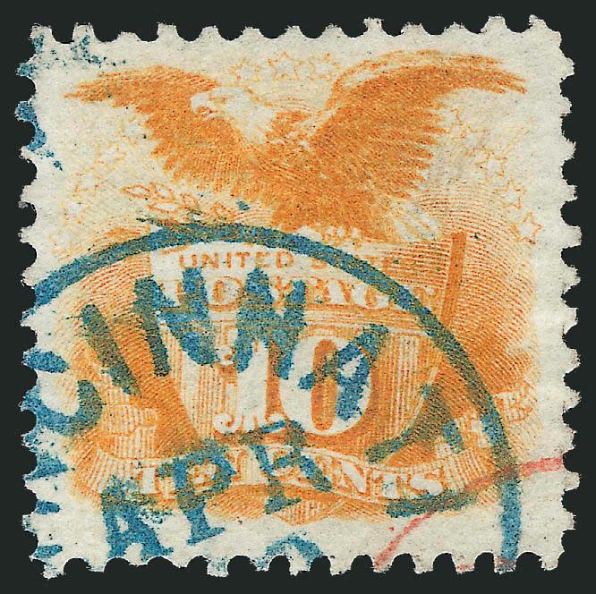 10c Yellow (116).> Bright color, wide margins, cancelled by well-struck <blue Cincinnati circular datestamp> and trace of red transit cancel at lower right, Very Fine and choice, a pretty stamp of great visual
appeal, with 1987 P.F. certificate