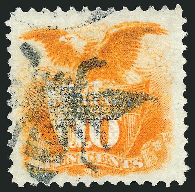 10c Yellow (116).> Bright color, wide margins, cancelled by well-struck <Small Bee fancy cancel> of New York City, accompanying certificate notes light creases which we do not see even in fluid, Extremely Fine
strike of this cancel from the New Yor