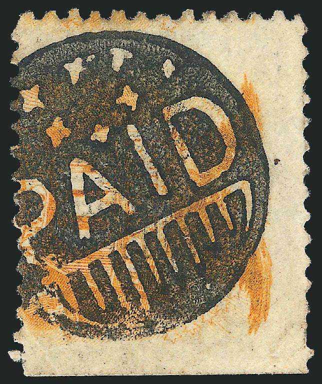 10c Yellow (116).> Three Jumbo margins, natural s.e. at right, bright color, cancelled by perfect strike of <Paid with Stars in grid fancy cancel> of Dedham Mass., small thin spot at left and small corner
creases do not detract, Extremely Fine stri