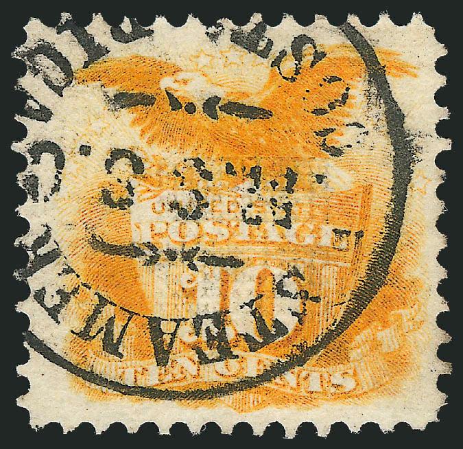 10c Yellow (116).> Vibrant color, cancelled by sharp and mostly complete strike of <Steamer Costa Rica P.M.S.S.Co.> handstamp, choice centering with wide margins, Extremely Fine and extremely rare, according to
Michael Laurences book, the <<Costa
