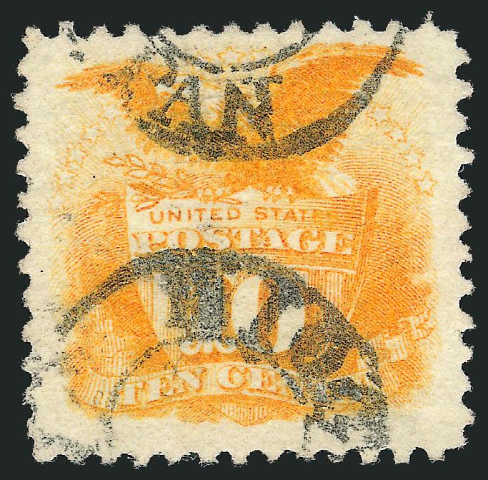10c Yellow (116).> Radiant color, cancelled by clear strike of iogo, Japan> double-circle handstamp, Very Fine and choice example of this scarce cancel, the U.S. Post Office opened in Hiogo in 1868, one year
after those in Yokohama and Nagasaki,