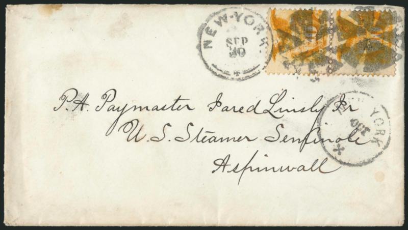 10c Yellow (116).> Vertical pair, deep rich color, tied by bold strikes of circle of wedges cancels and New-York Sep. 30 (1869) circular datestamp on cover <to U.S. Steamer Seminole in Aspinwall, Panama,>
additional strike of New York Oct. 1 circ