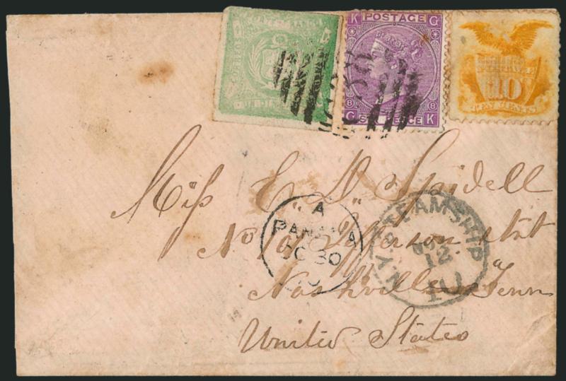 10c Yellow (116).> Uncancelled, but with some toned perfs effectively tying the stamp to the cover, used with <Great Britain 6p Violet (51) and Peru 1d Green (14),> latter two tied by bold C38 in grid, Callao
OC 22, 1871 backstamp on small cover