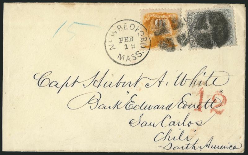 10c Yellow (116).> Intense shade and impression, used with <24c Gray Lilac, F Grill (99),> tied by bold strikes of quartered cork cancel and well-struck New Bedford Mass. Feb. 19 circular datestamp on cover <to
San Carlos, Chile,> neat strike of re