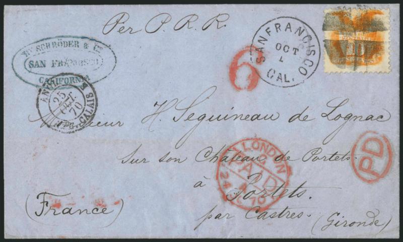 10c Yellow (116).> Rich color, tied by quartered cork cancel with duplex San Francisco Cal. Oct. 1 (1870) circular datestamp on blue folded letter <paying Phantom Rate to Portets, France,> senders blue oval
handstamp and notation <<Per P.R.R.>>