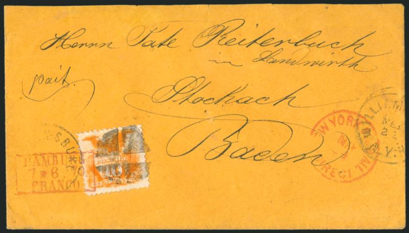 10c Yellow (116).> Wide margins, bright color, tied by well-struck quartered cork and by Williamsburg N.Y. May 21 circular datestamp, second strike at right, on orange cover <to Stockach, Baden, Germany,> red
New York Paid All Direct May 24 trans