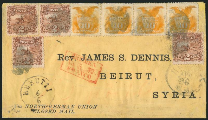 10c Yellow (116).> Horizontal strip of four, used with <four 2c Brown (113)> and tied by cork cancels, light strike of Newark N.J. Apr. 26 circular datestamp on 1870 cover with printed address <to Beirut,
Syria,> from the Reverend Dennis correspond