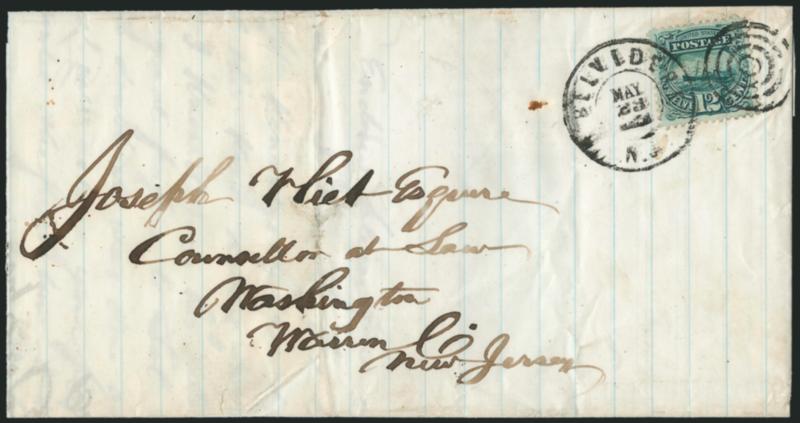 12c Green (117).> Choice centering, tied by well-struck target and by Belvidere N.J. May 23 double-circle datestamp on 1870 folded letter to Washington N.J., light vertical file fold well away from stamp, minor
cover wear, Very Fine, attractive and