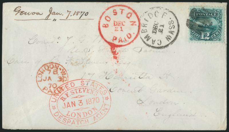 12c Green (117).> Rich color and proof-like impression, unusually choice centering, tied by bold strike of cork cancel, Cambridge Mass. Dec. 21 circular datestamp on 1870 cover <to London, England,> addressed
to the Commander of the U.S. Frigate <<