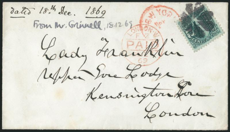 12c Green (117).> Choice centering with wide and balanced margins, tied by well-struck rosette cancel and red New York Dec. ? circular datestamp on 1869 cover <to London, England,> red receiving datestamp,
docketed at top left incl. <<From Mr. Gri