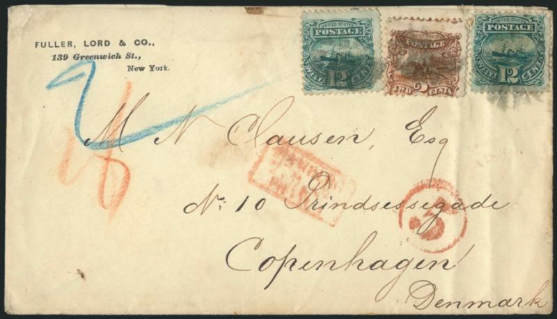 12c Green (117).> Two singles, used with <2c Brown (113).> and tied by cork cancels on cover 1869 <to Copenhagen, Denmark,> red New York Paid All Direct Sep. ?, transit and receiving backstamps, red Hamburg
Franco boxed datestamp, red 5 in circ