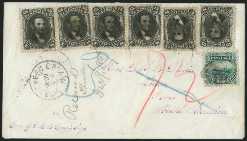 12c Green (117).> Deep rich color and sharp proof-like impression, choice centering, used with <two horizontal pairs and two singles of 15c Black, F Grill (98),> tied by circular cork cancels and light strikes
of Portchester N.Y. Nov. 10 circular d