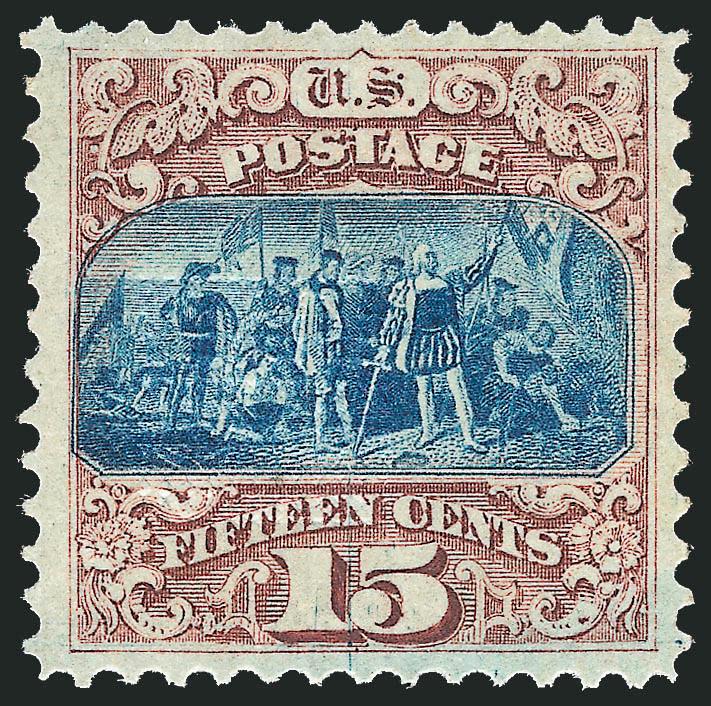 15c Brown & Blue, Ty. I (118).> Original gum, small h.r., bright colors and detailed impressions, wide margins<><>^VERY FINE ORIGINAL-GUM EXAMPLE OF THE 15-CENT TYPE I 1869 PICTORIAL ISSUE.^<><>With 1990 P.F.
certificate.