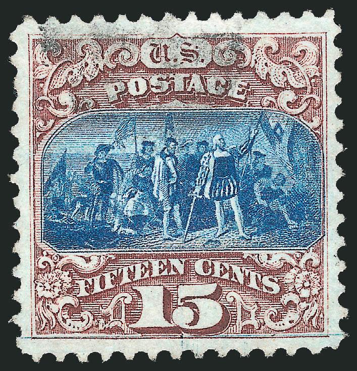 15c Brown & Blue, Ty. I (118).> Choice centering with well-proportioned margins, rich colors on bright paper, light strike of cork cancel at top leaves entire design clearly visible, Extremely Fine, a beautiful
stamp, with 1984 P.F. certificate