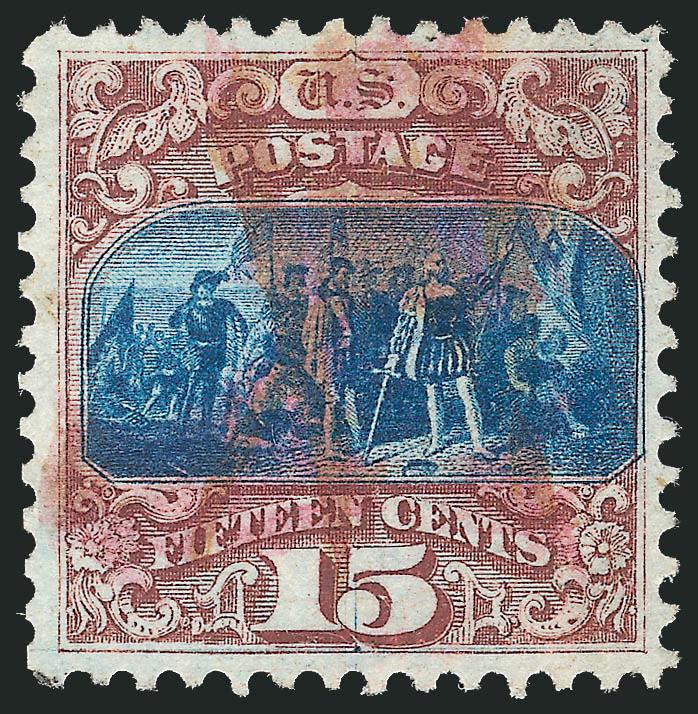 15c Brown & Blue, Ty. I (118).> Radiant colors and crisp impressions, bold strike of <magenta cork> cancel, Very Fine and choice, rare with a magenta cancel, unlisted in Scott, this is the first we have offered
since keeping computerized records, wit