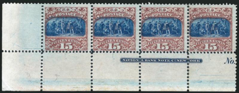 15c Brown & Blue, Ty. II (119).> Horizontal strip of four with <bottom left corner selvage with full imprint and No. of plate number,> original gum, better centering than usually found on multiples of this
issue, vignette shifted slightly to left a