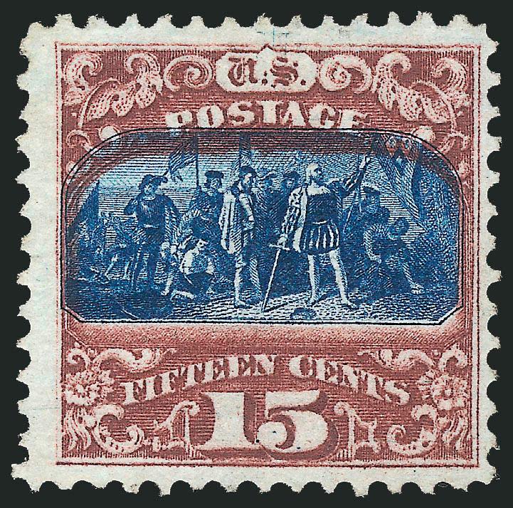 15c Dark Brown & Blue, Ty. II (119).> Unused (no gum), deep rich colors with the frame printed in the distinctive Dark Brown color, vignette shifted to top into the Postage label, fresh and Fine, a stamp with
strong eye appeal, with 1980 P.F. certi